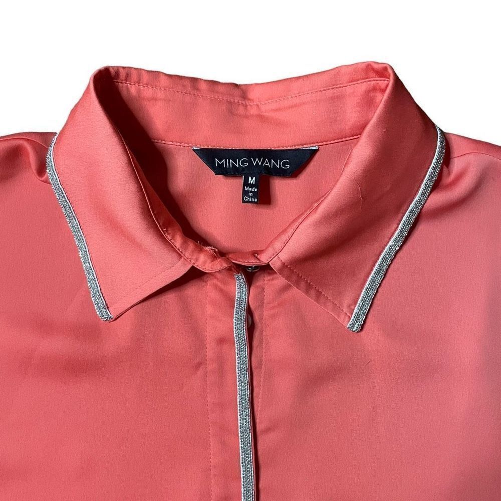 Ming Wang Coral Blouse Button Down Silver Bead Size Medium - Picture 2 of 7